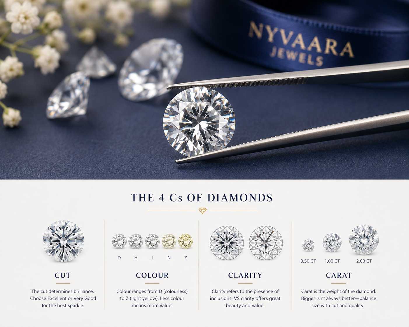 Diamond 4Cs guide explaining cut colour clarity and carat weight