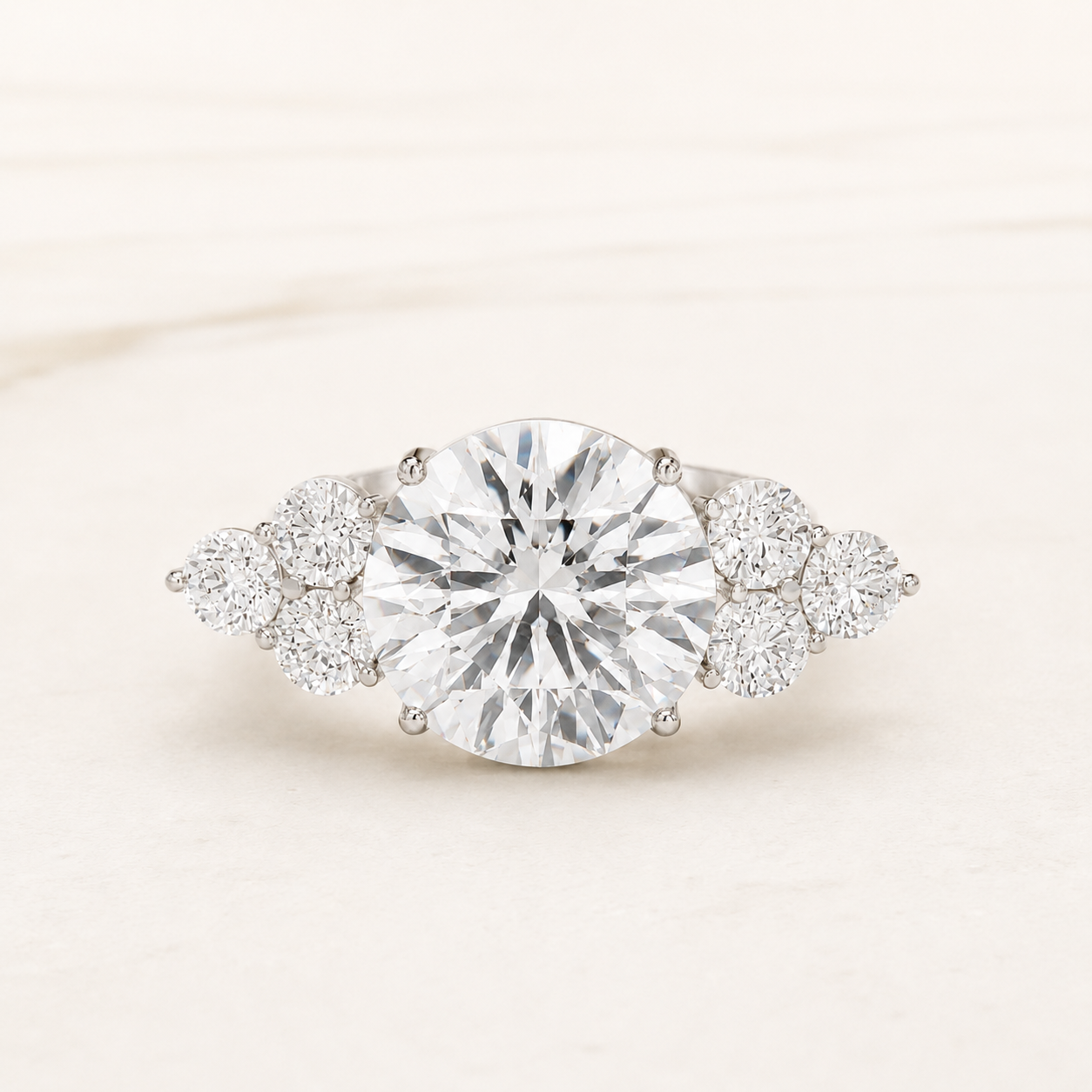 5.10CT Round Lab Grown Diamond Side Stone Ring Yellow Gold, White Gold & Rose Gold