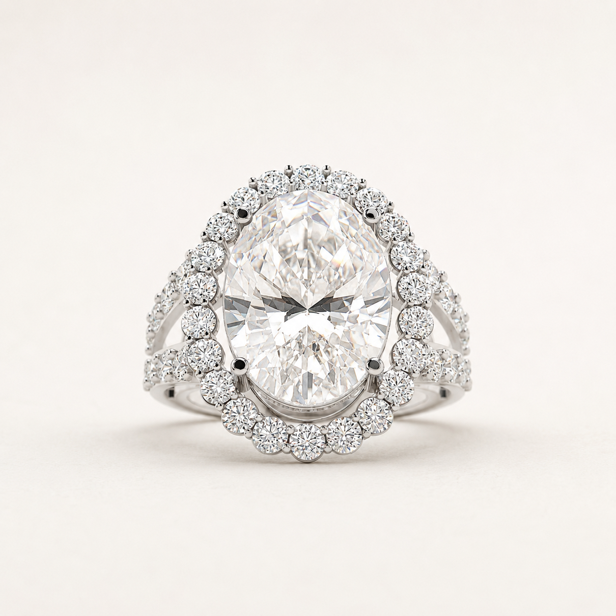 4.50 CT Oval Cut Lab Grown Diamond Halo Ring in Yellow Gold, White Gold & Rose Gold