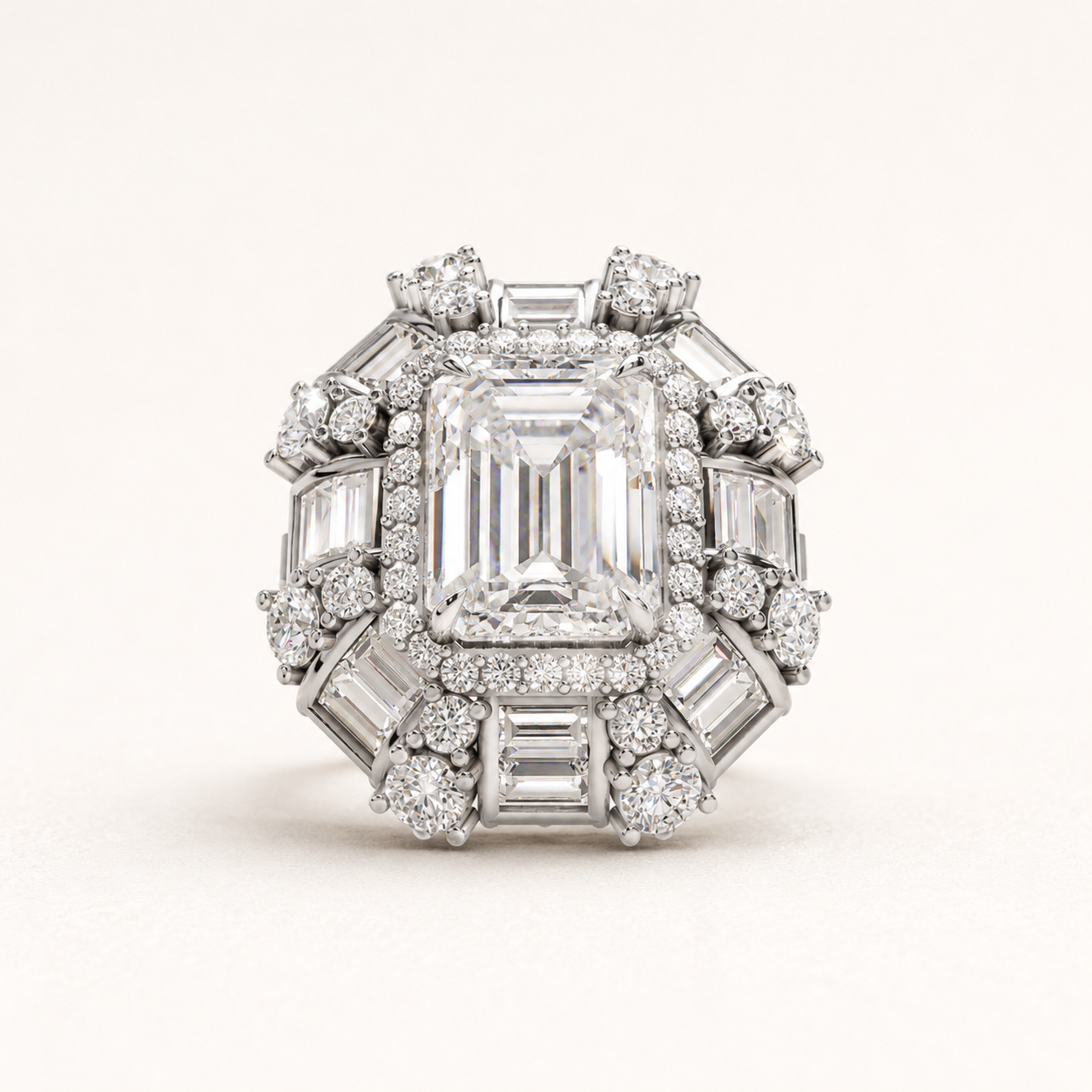 4.90 CT Round, Emerald & Baguette Lab Diamond Statement Ring in Yellow Gold, White Gold & Rose Gold