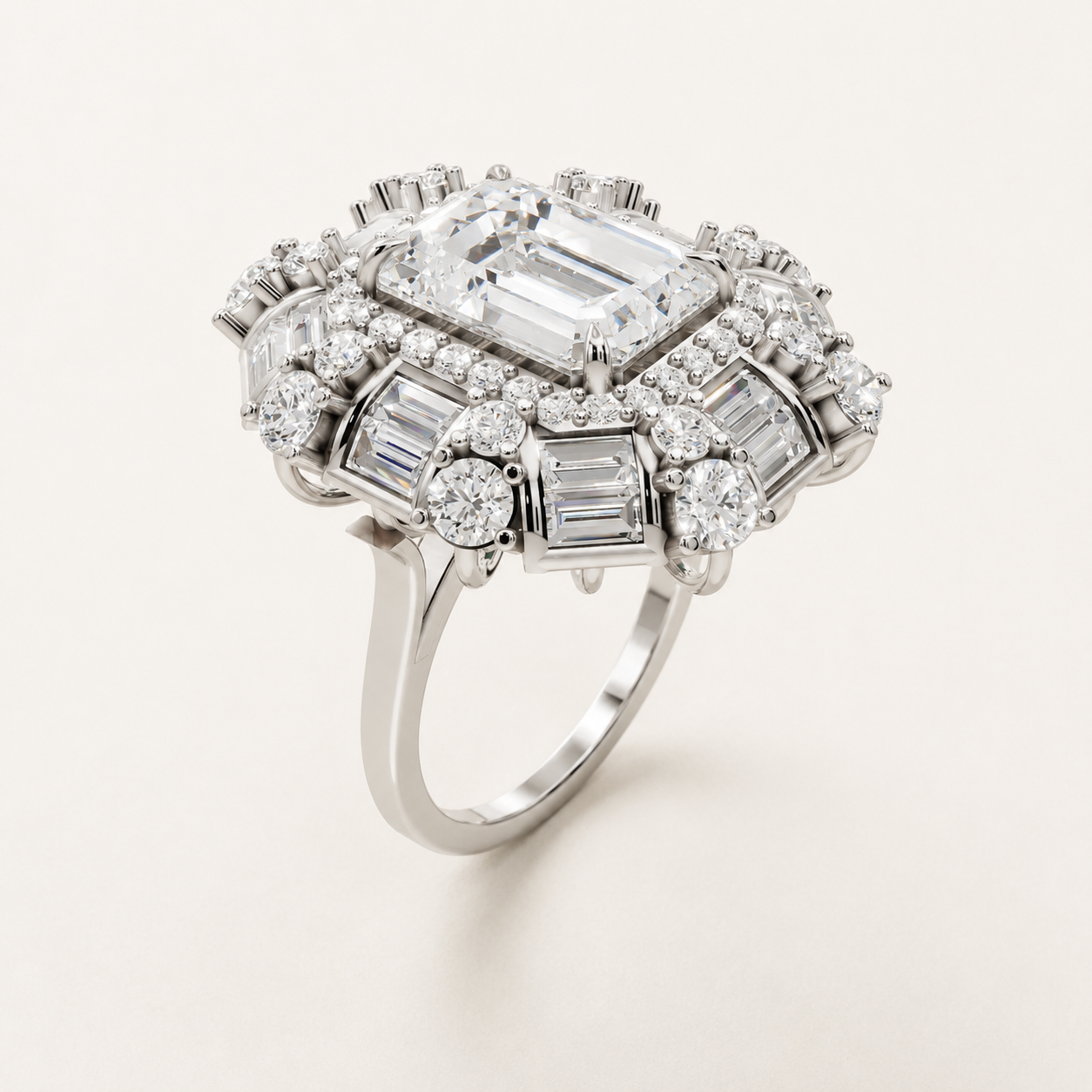 4.90 CT Round, Emerald & Baguette Lab Diamond Statement Ring in Yellow Gold, White Gold & Rose Gold - view 2