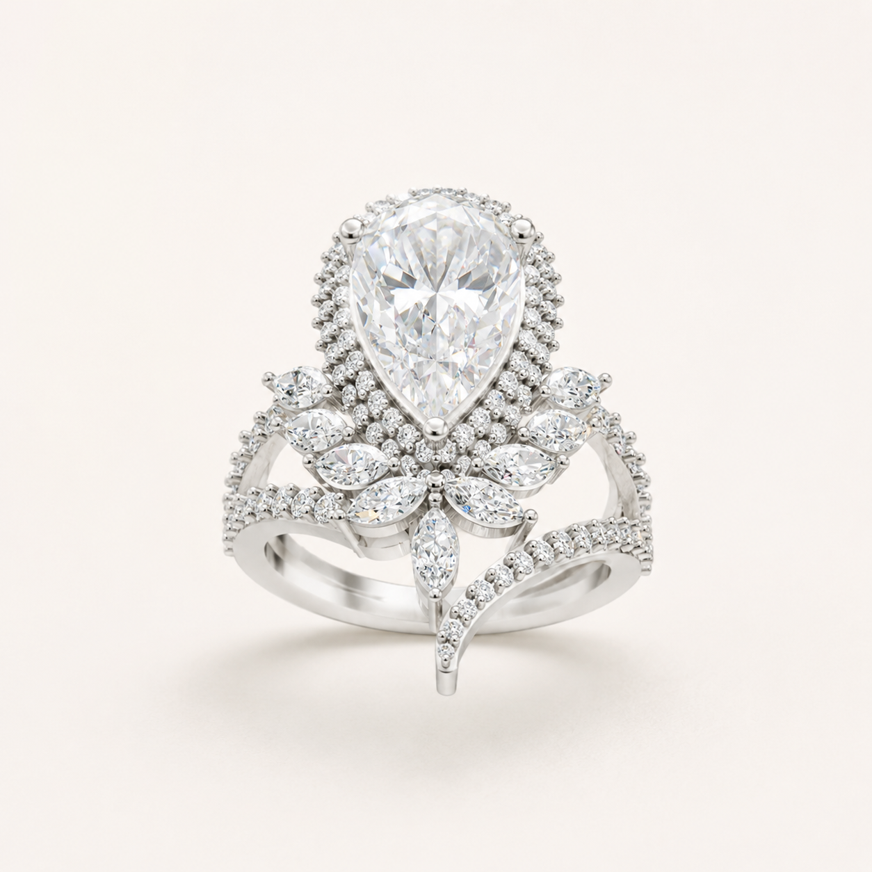 3.12 CT Pear & Round Diamond Floral Ring in Yellow Gold, White Gold & Rose Gold