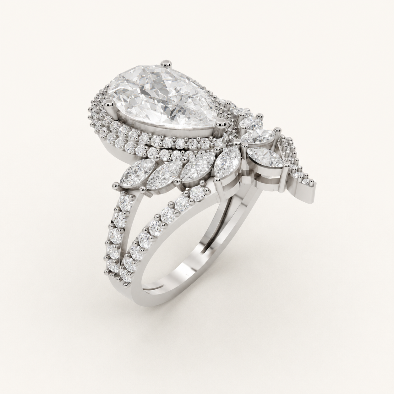 3.12 CT Pear & Round Diamond Floral Ring in Yellow Gold, White Gold & Rose Gold - view 2