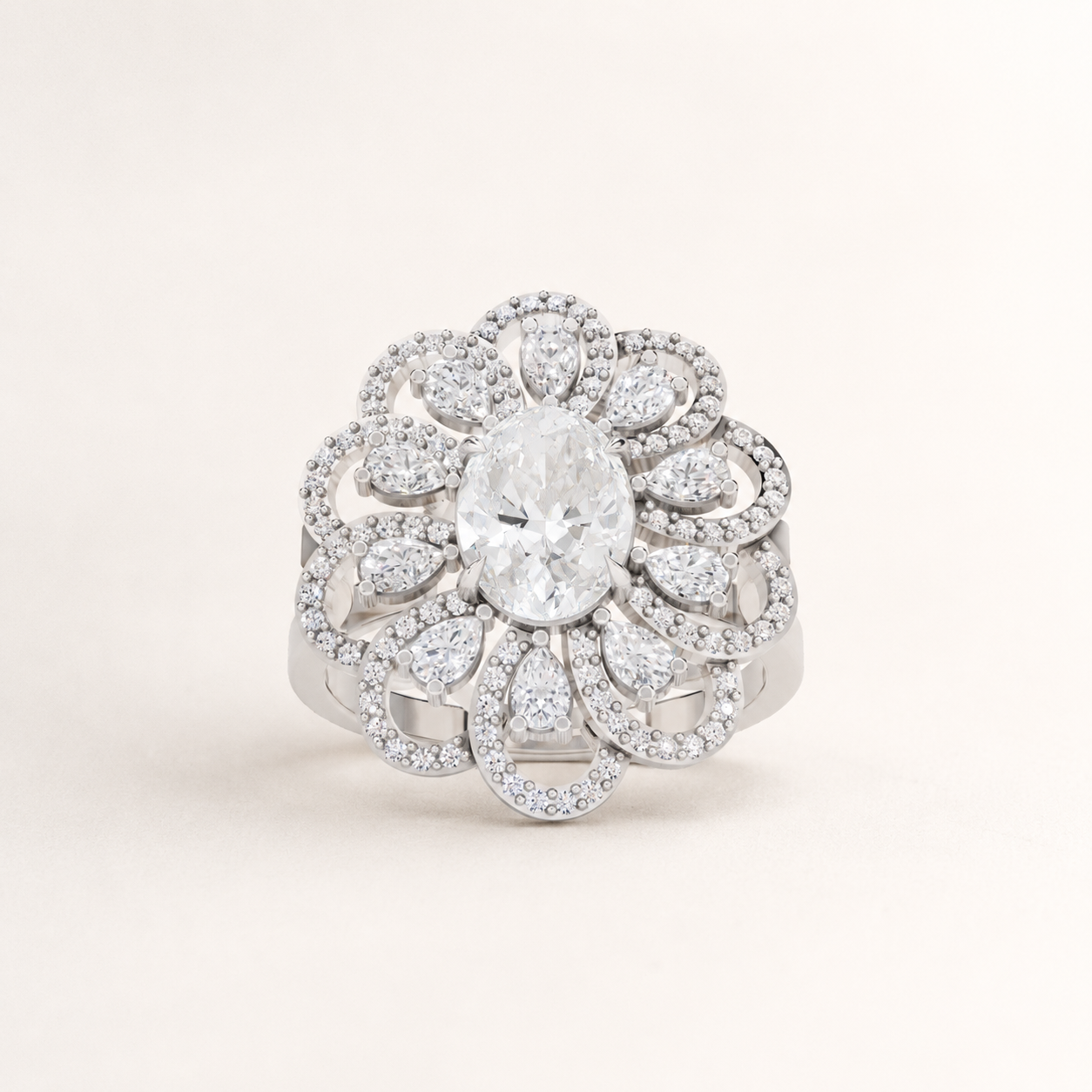 1.25 CT Oval & Round Diamond Floral Ring in Yellow Gold, White Gold & Rose Gold