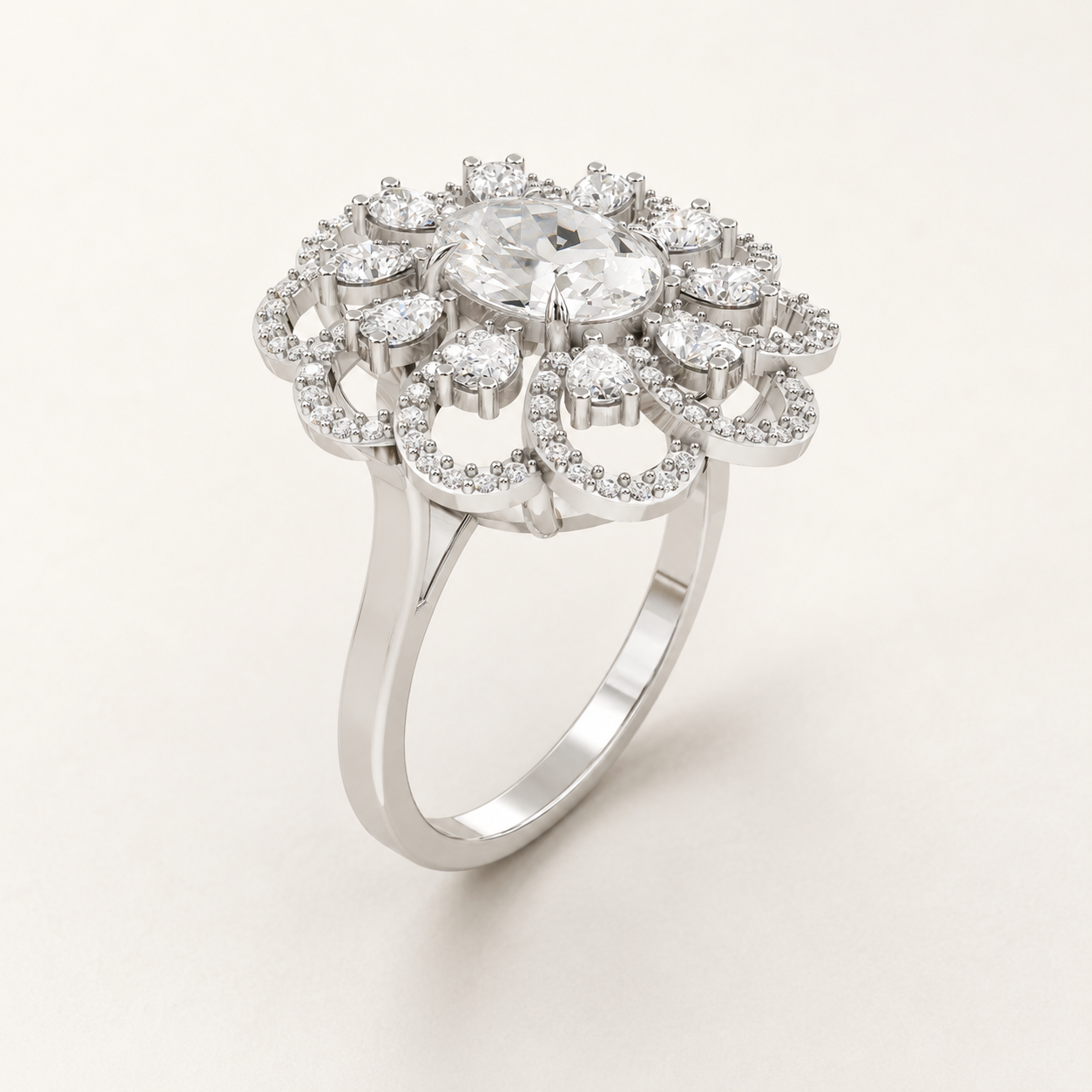 1.25 CT Oval & Round Diamond Floral Ring in Yellow Gold, White Gold & Rose Gold - view 2