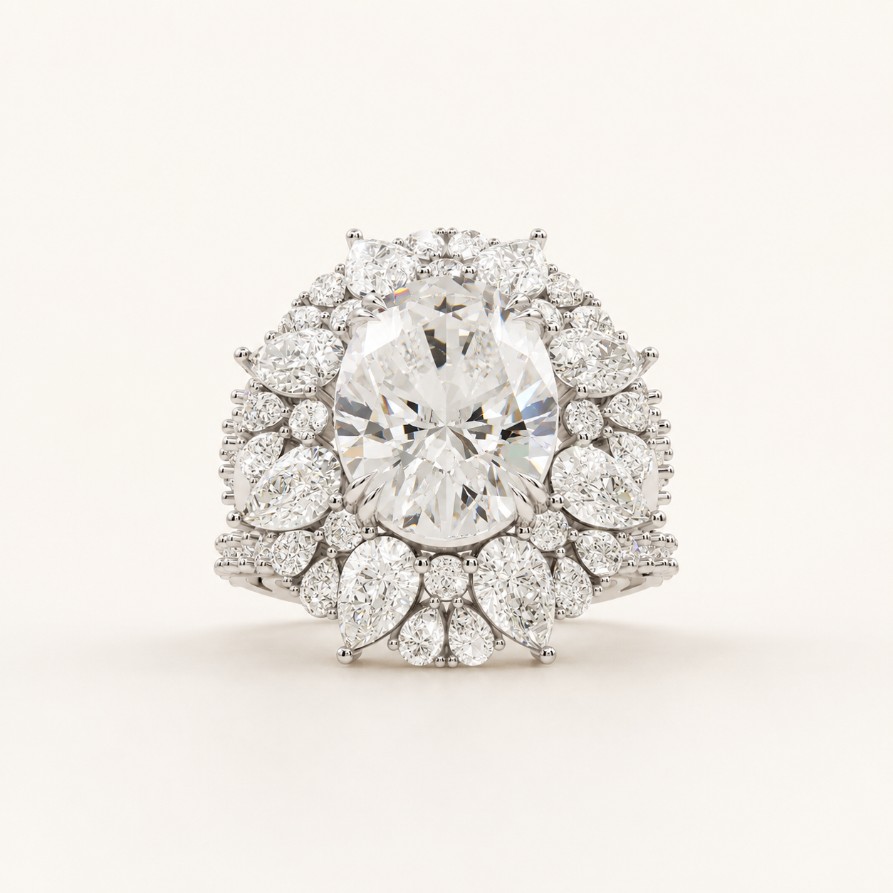 5 CT Oval Diamond Floral Halo Ring in Yellow Gold, White Gold & Rose Gold