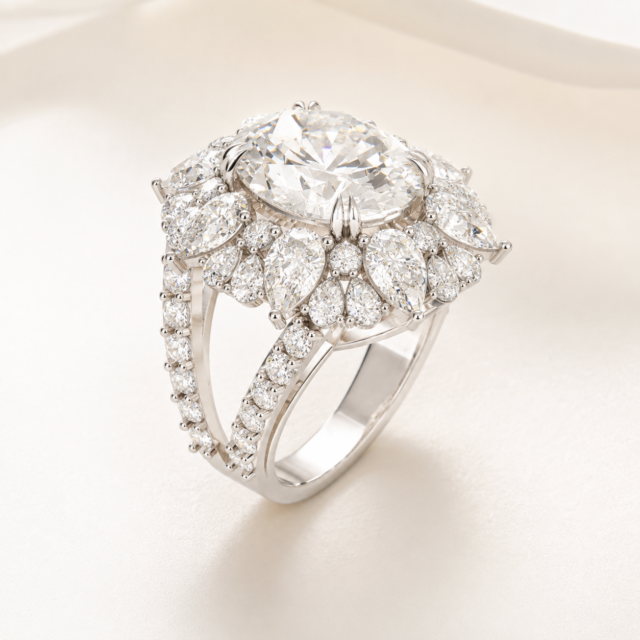 5 CT Oval Diamond Floral Halo Ring in Yellow Gold, White Gold & Rose Gold - view 2