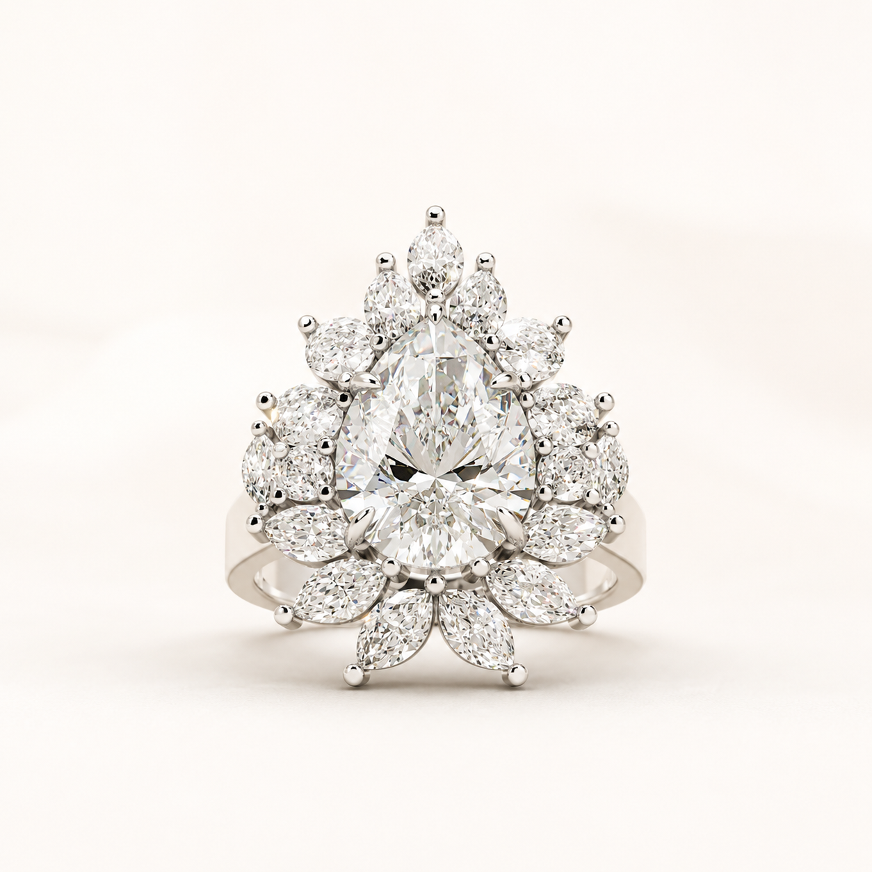 4 CT Pear & Round Diamond Floral Cluster Ring in Yellow Gold, White Gold & Rose Gold
