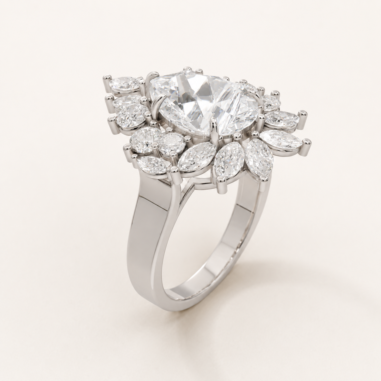 4 CT Pear & Round Diamond Floral Cluster Ring in Yellow Gold, White Gold & Rose Gold - view 2