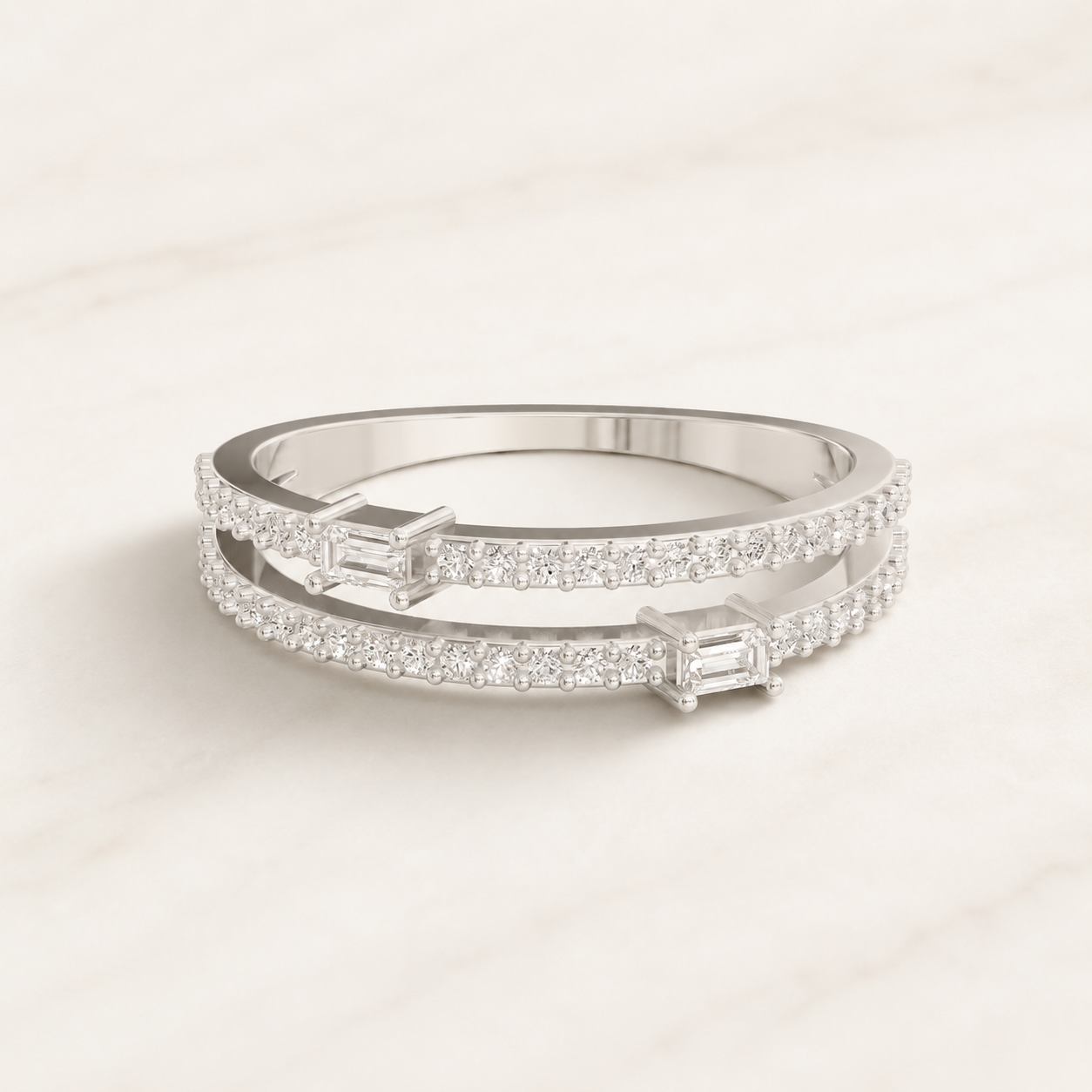 0.100 CT Baguette Lab-Grown Diamond Double Row Ring in Yellow Gold, White Gold & Rose Gold