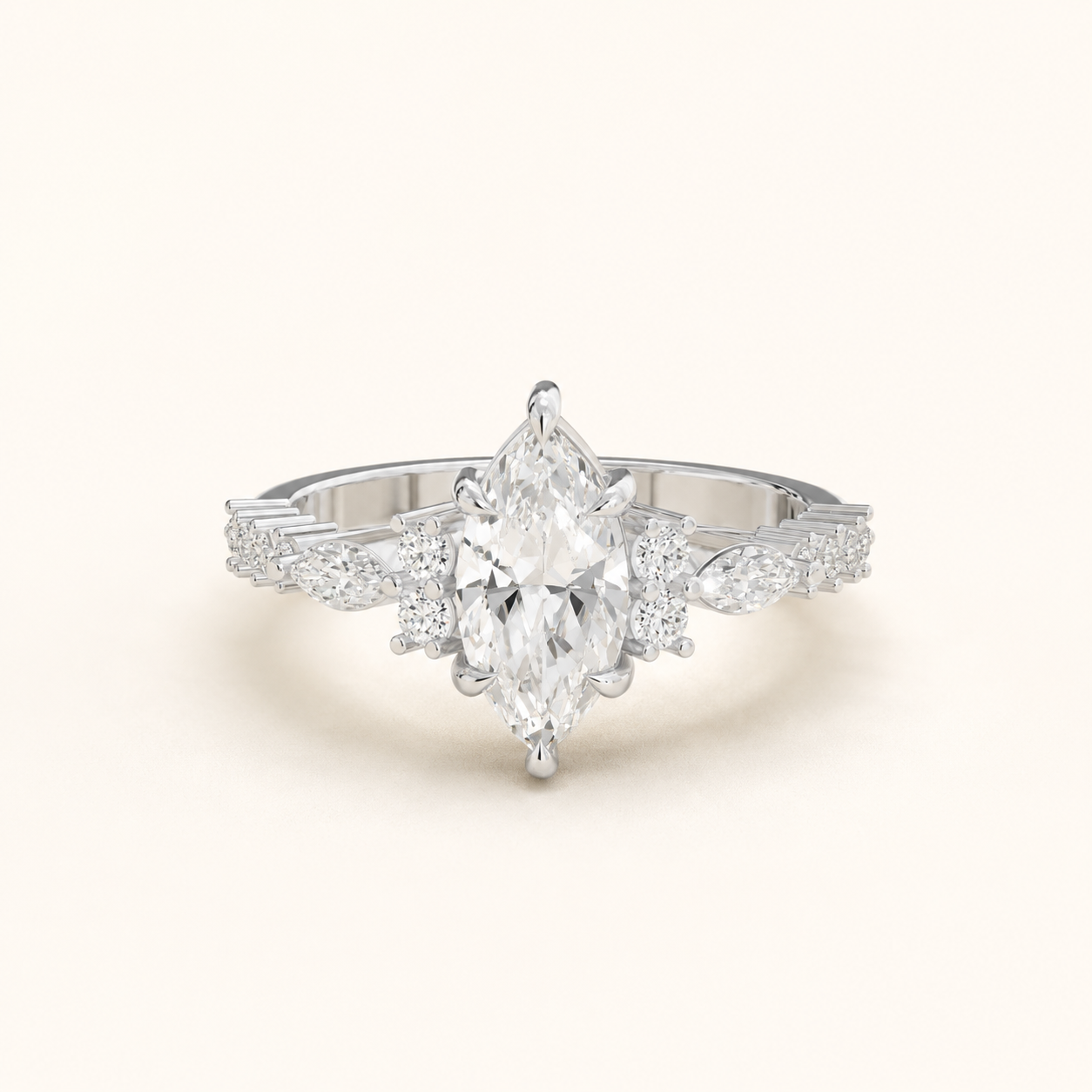 1 CT Marquise & Round Lab Diamond Ring in Yellow Gold, White Gold & Rose Gold