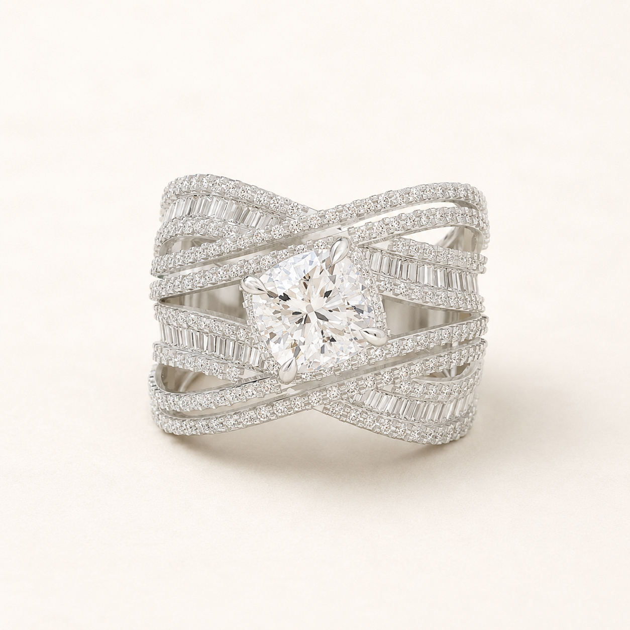 1.060 CT Cushion Diamond Crossover Statement Ring in Yellow Gold, White Gold & Rose Gold