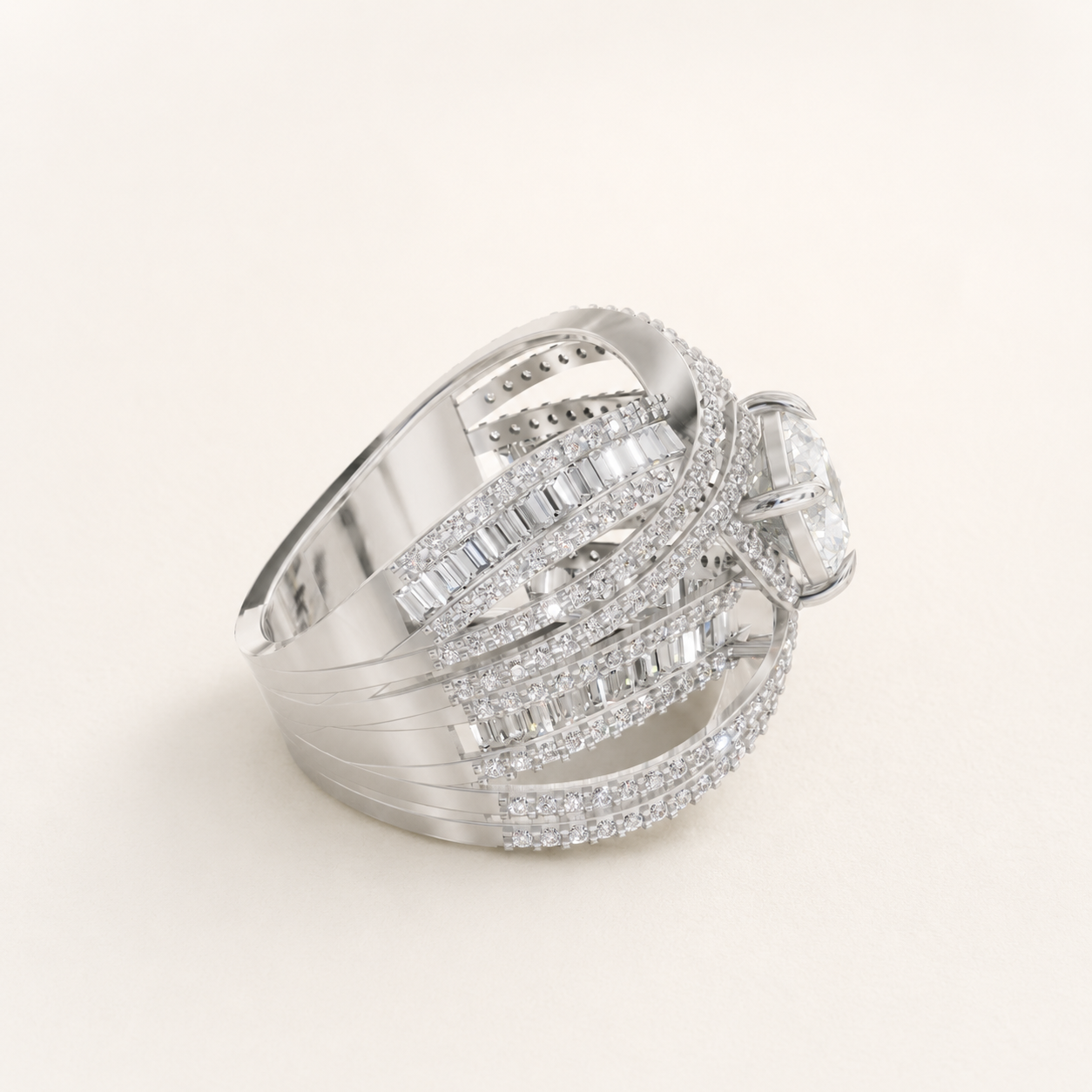 1.060 CT Cushion Diamond Crossover Statement Ring in Yellow Gold, White Gold & Rose Gold - view 2