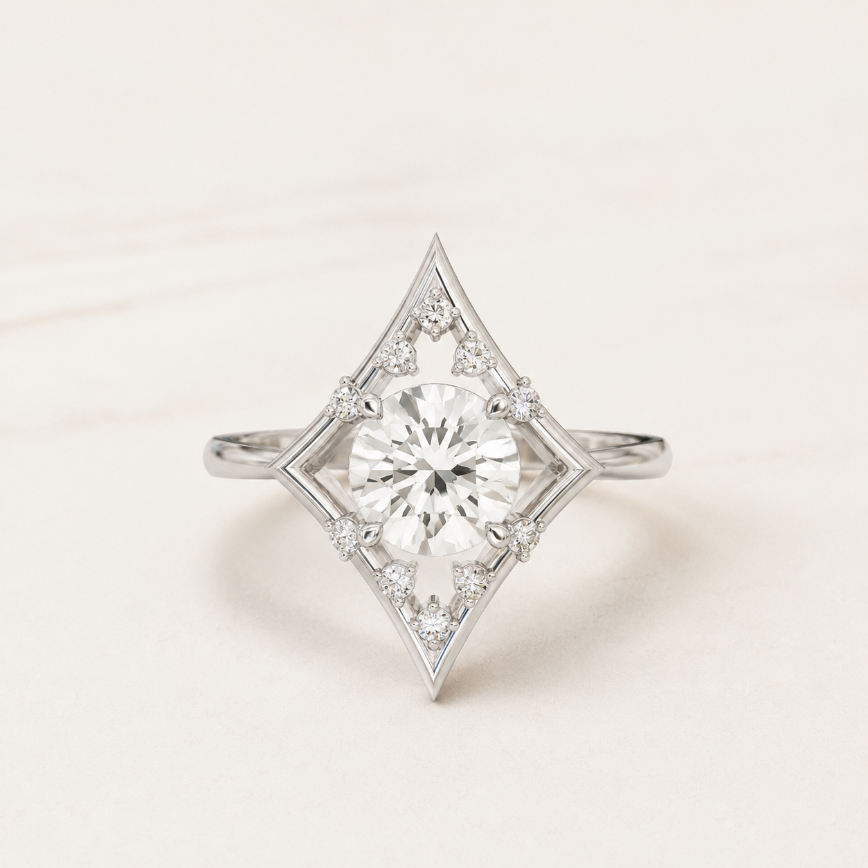 0.800 CT Round Diamond Kite Halo Ring in Yellow Gold, White Gold & Rose Gold