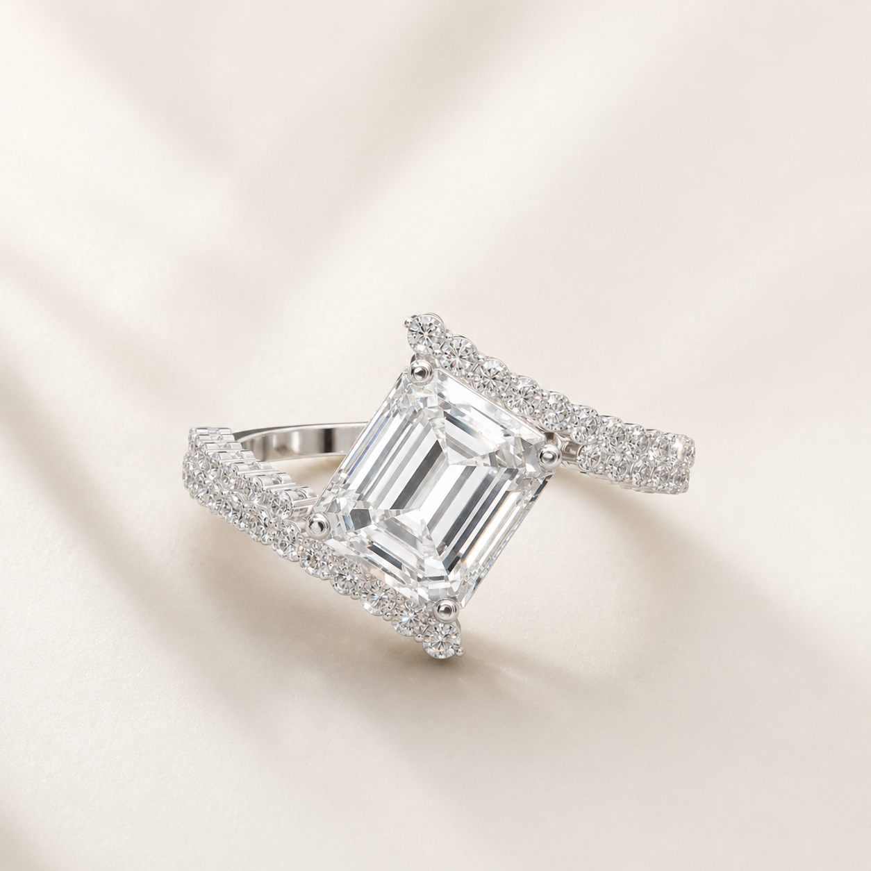 2.250 CT Emerald Cut & Round Diamond Split Shank Ring in Yellow Gold, White Gold & Rose Gold