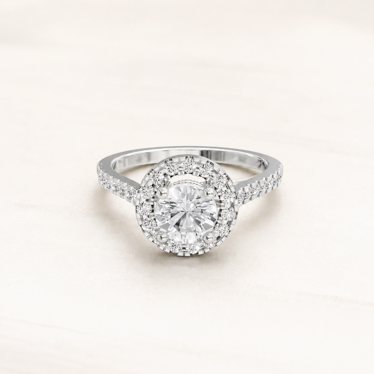 0.650 CT Round Diamond Halo Ring in Yellow Gold, White Gold & Rose Gold