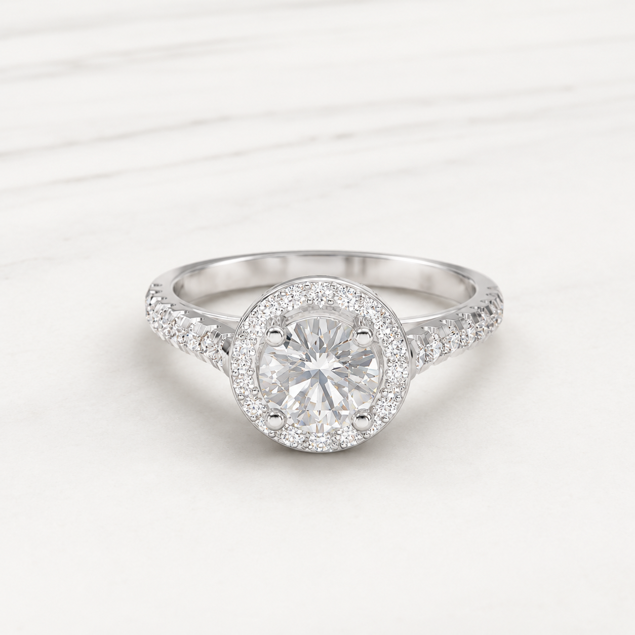 0.700 CT Round Diamond Halo Ring in Yellow Gold, White Gold & Rose Gold