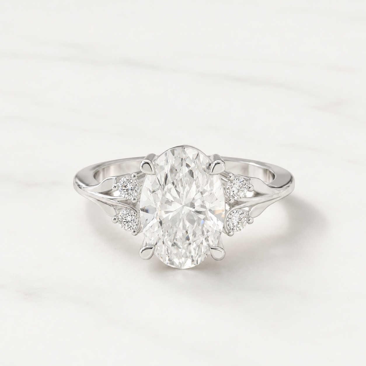 2.12 CT Oval & Round Diamond Side Stone Ring in Yellow Gold, White Gold & Rose Gold