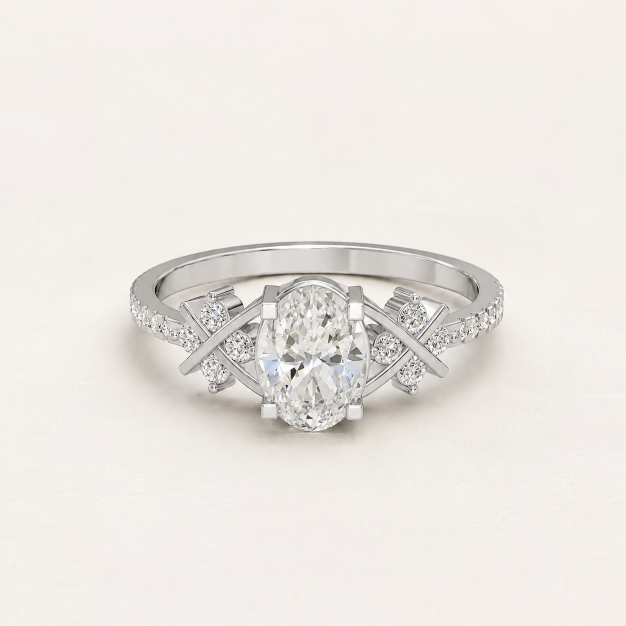 0.66 CT Oval & Round Diamond Cross Side Ring in Yellow Gold, White Gold & Rose Gold