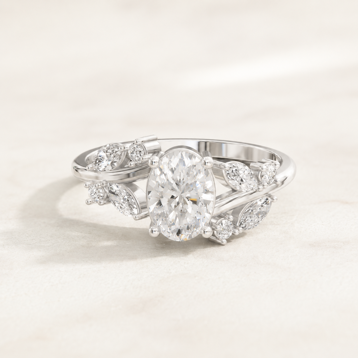 0.66 CT Oval & Marquise Diamond Oval Center Engagement Ring in Yellow Gold, White Gold & Rose Gold
