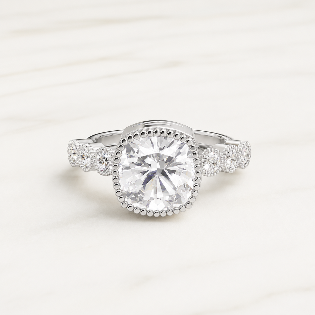 3.19 CT Cushion Diamond Beaded Halo Ring in Yellow Gold, White Gold & Rose Gold
