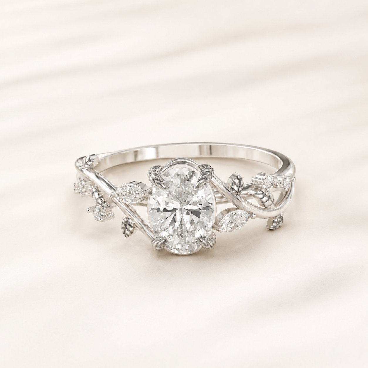 0.66 CT Oval Diamond Floral Vine Ring in Yellow Gold, White Gold & Rose Gold