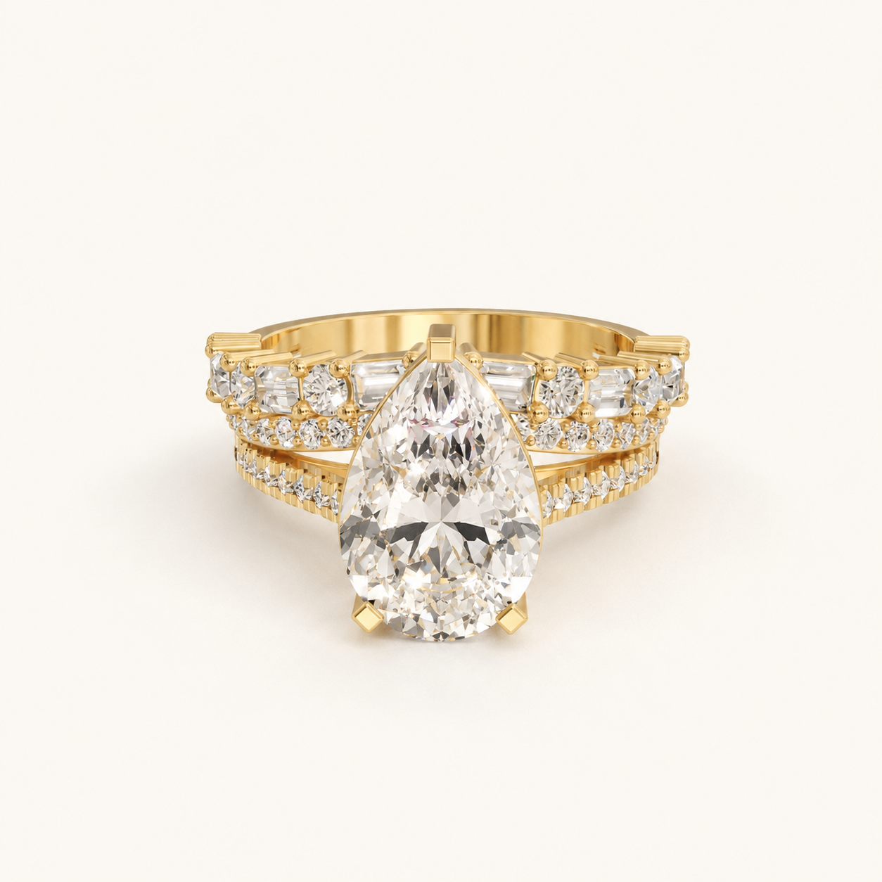 3.00 CT Pear & Round Diamond Ring in Yellow Gold, White Gold & Rose Gold