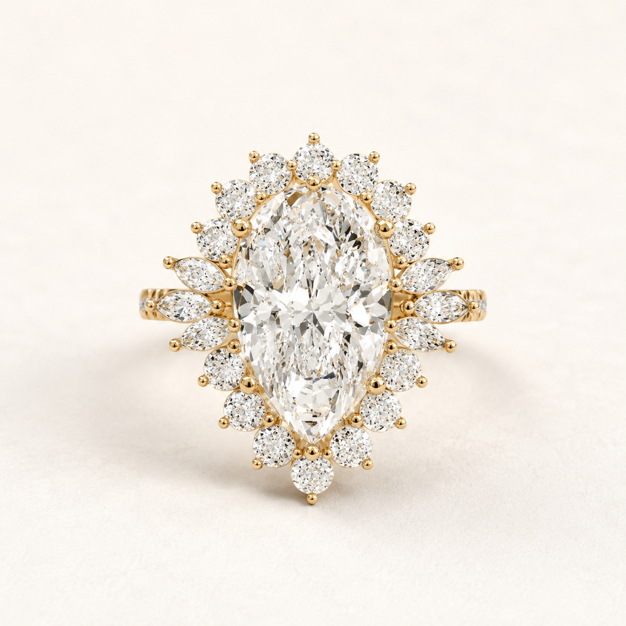 3.40 CT Pear Diamond Floral Halo Ring in Yellow Gold, White Gold & Rose Gold