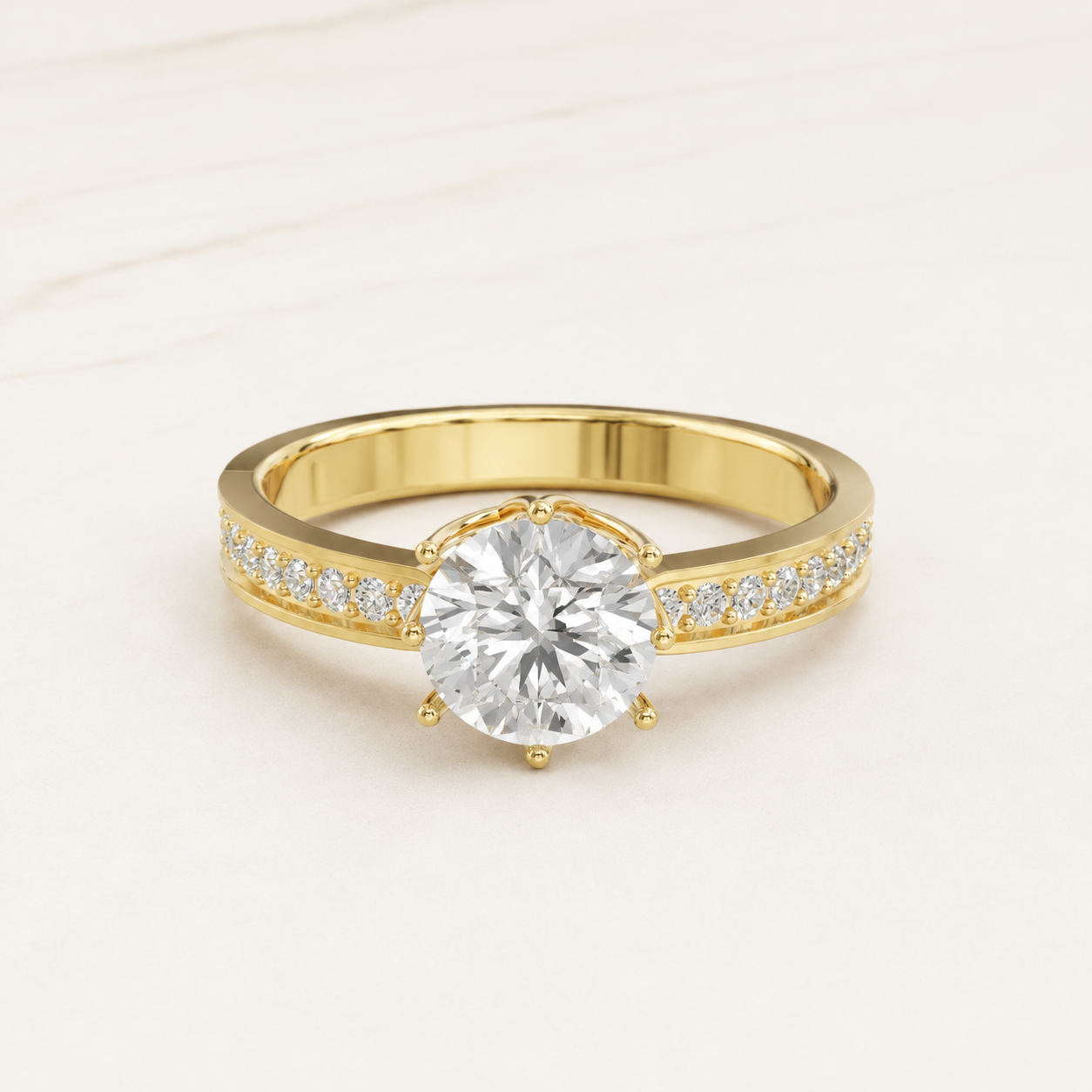 1.00 CT Round Diamond Solitaire Ring with Side Stones in Yellow Gold, White Gold & Rose Gold