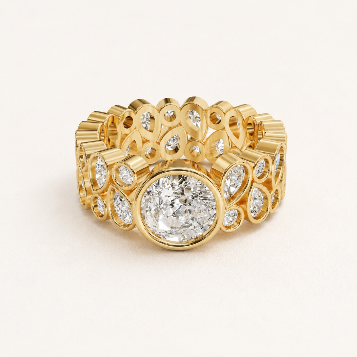 1.30 CT Round Diamond Bezel Statement Ring in Yellow Gold, White Gold & Rose Gold