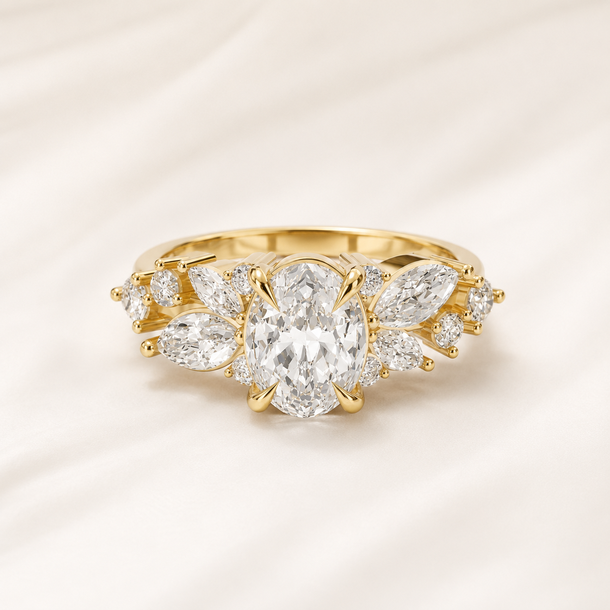 1.25 CT Oval Diamond Floral Ring in Yellow Gold, White Gold & Rose Gold