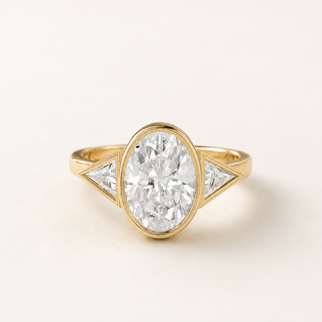 2.30 CT Oval Cut Diamond Ring with Trillion Side Diamonds in Yellow, White & Rose Gold