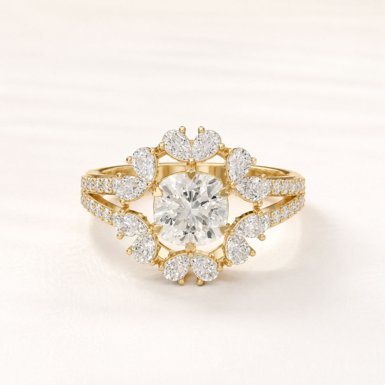 1.35 CT Cushion Diamond Floral Ring in Yellow Gold, White Gold & Rose Gold