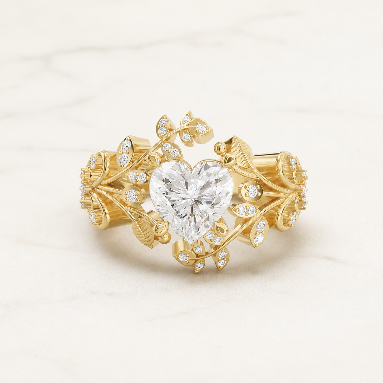 2.20 CT Heart Shape Lab Grown Diamond Floral Ring with Round Accents in Yellow Gold, White Gold & Rose Gold