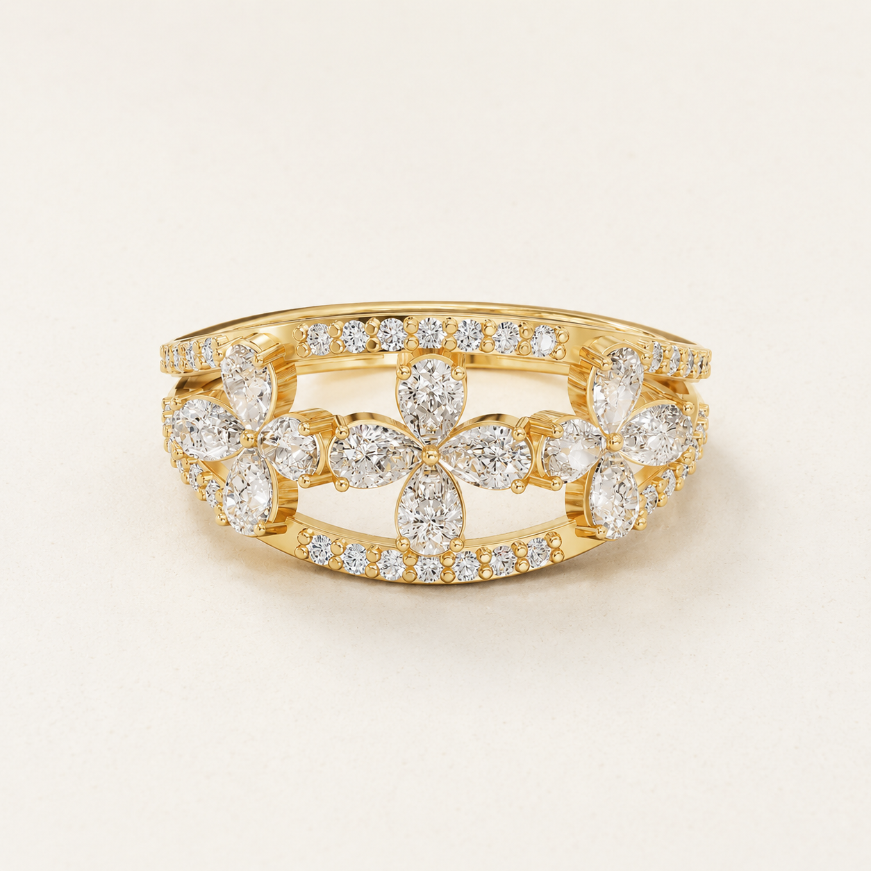 1.56 CT Pear Diamond Floral Ring in Yellow Gold, White Gold & Rose Gold