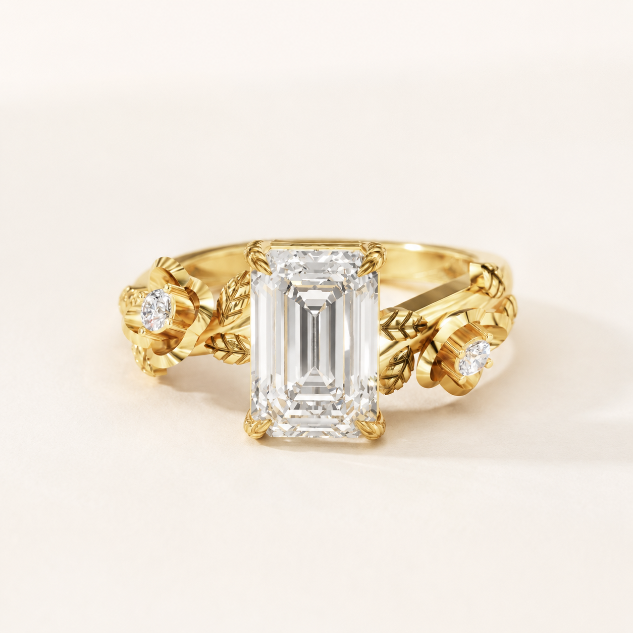 2.50 CT Emerald Diamond Floral Ring in Yellow Gold, White Gold & Rose Gold