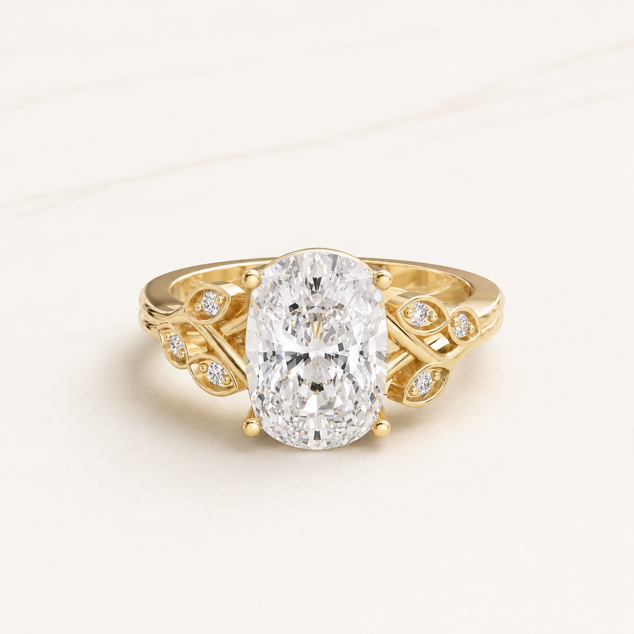 3.50 CT Cushion Diamond Leaf Ring in Yellow Gold, White Gold & Rose Gold