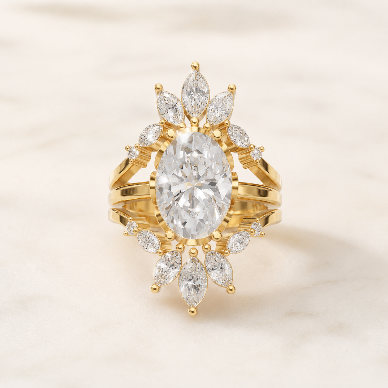 3 CT Oval, Marquise & Round Diamond Statement Ring in Yellow Gold, White Gold & Rose Gold