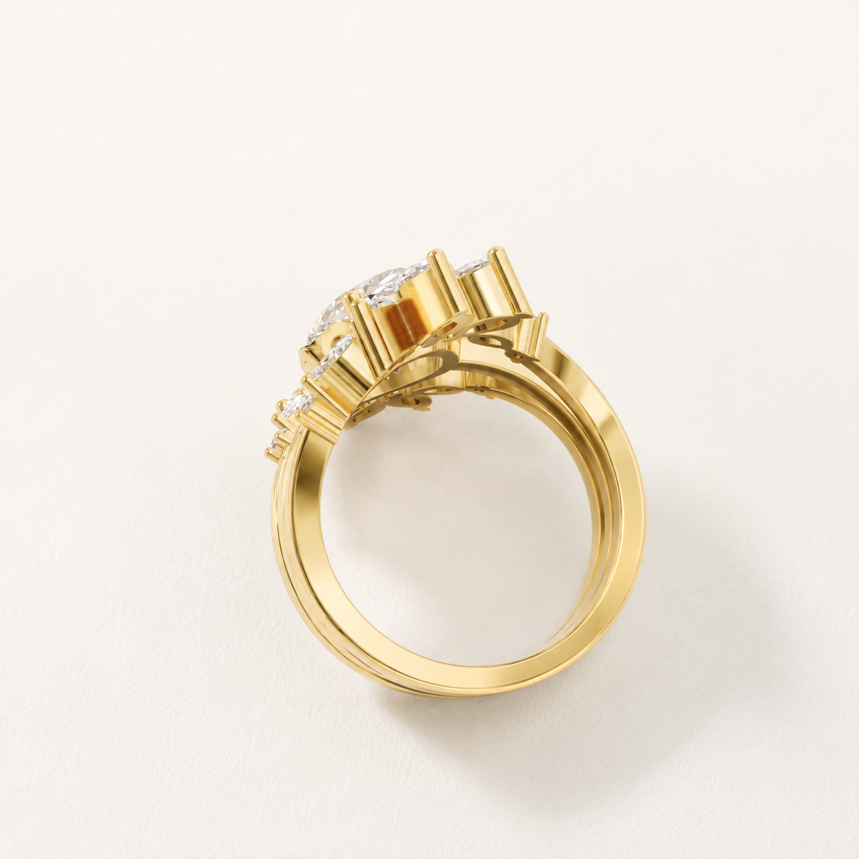 3 CT Oval, Marquise & Round Diamond Statement Ring in Yellow Gold, White Gold & Rose Gold - view 2