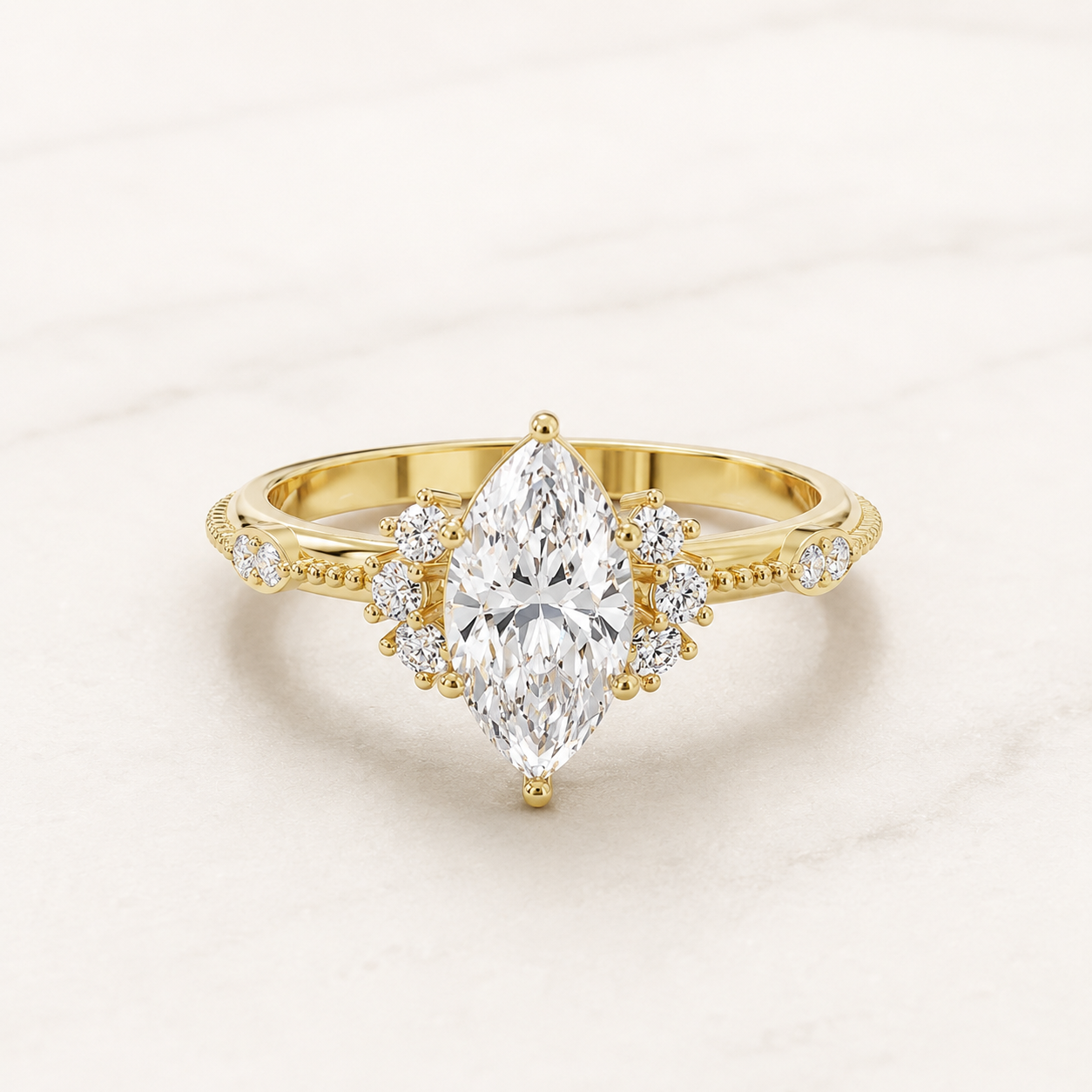1 CT Marquise & Round Diamond Ring in Yellow Gold, White Gold & Rose Gold