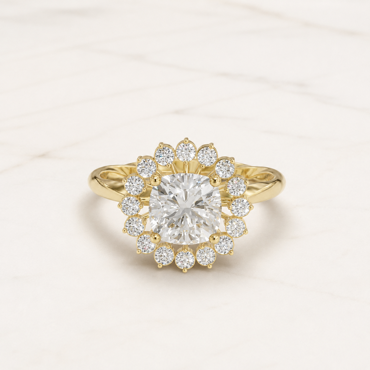 1.30 CT Cushion Diamond Halo Ring in Yellow Gold, White Gold & Rose Gold