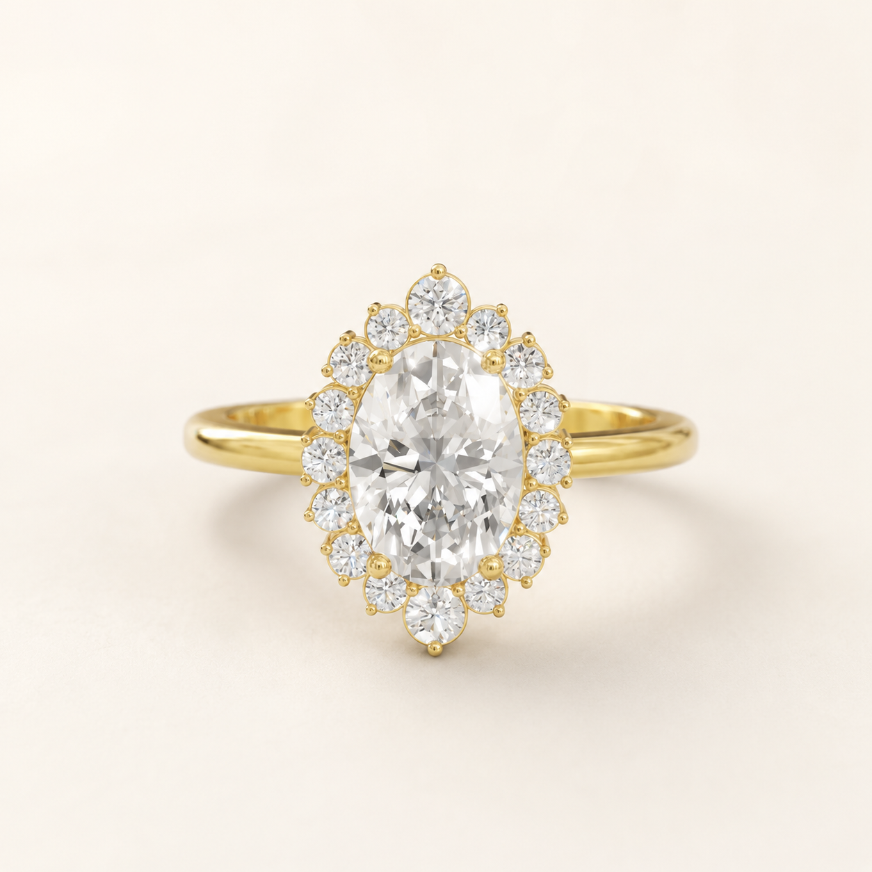 1 CT Oval Diamond Halo Ring in Yellow Gold, White Gold & Rose Gold