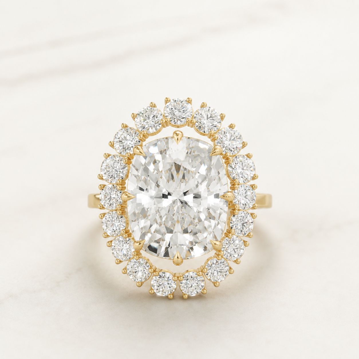 5 CT Cushion Diamond Halo Ring in Yellow Gold, White Gold & Rose Gold