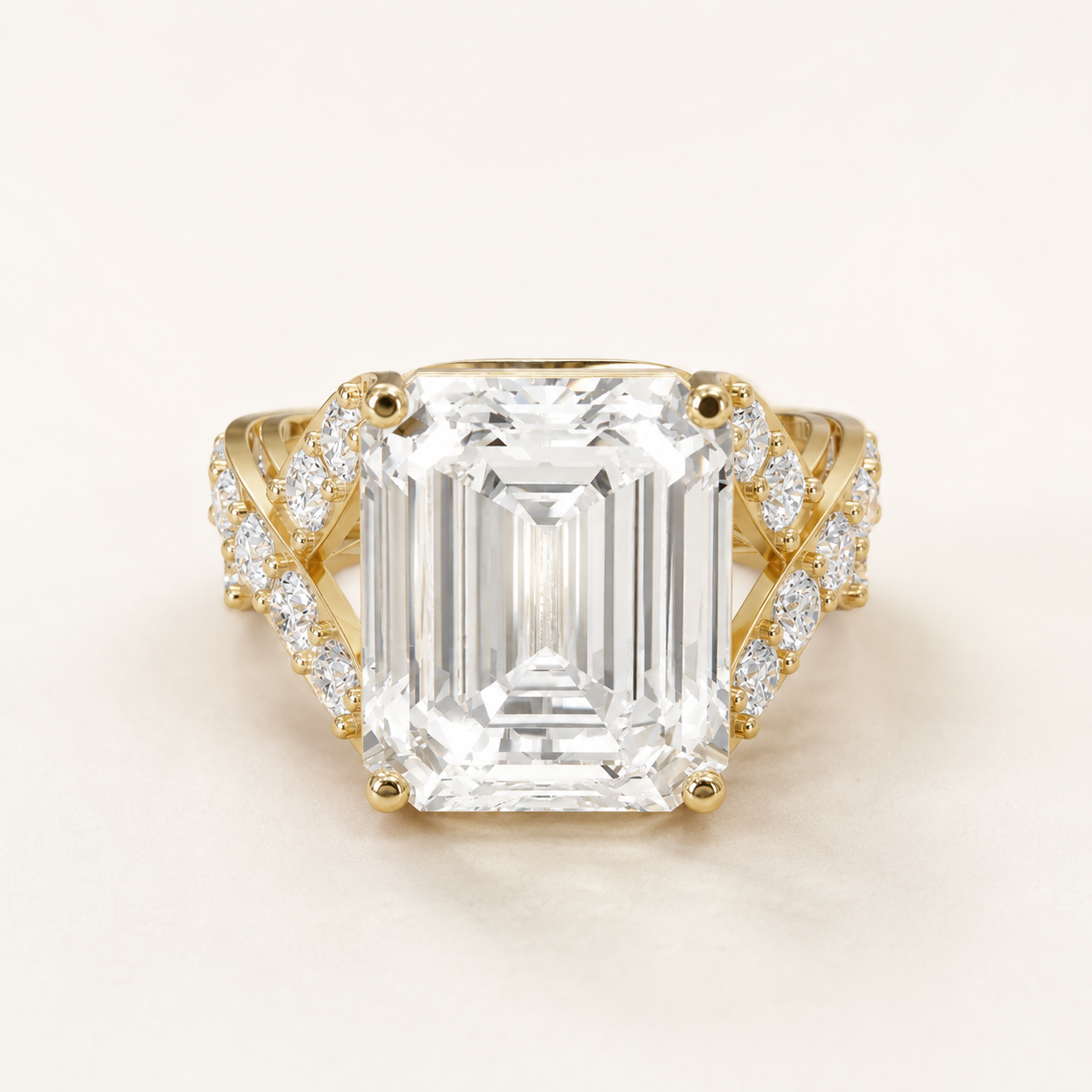 7.5 CT Emerald & Round Diamond Ring in Yellow Gold, White Gold & Rose Gold