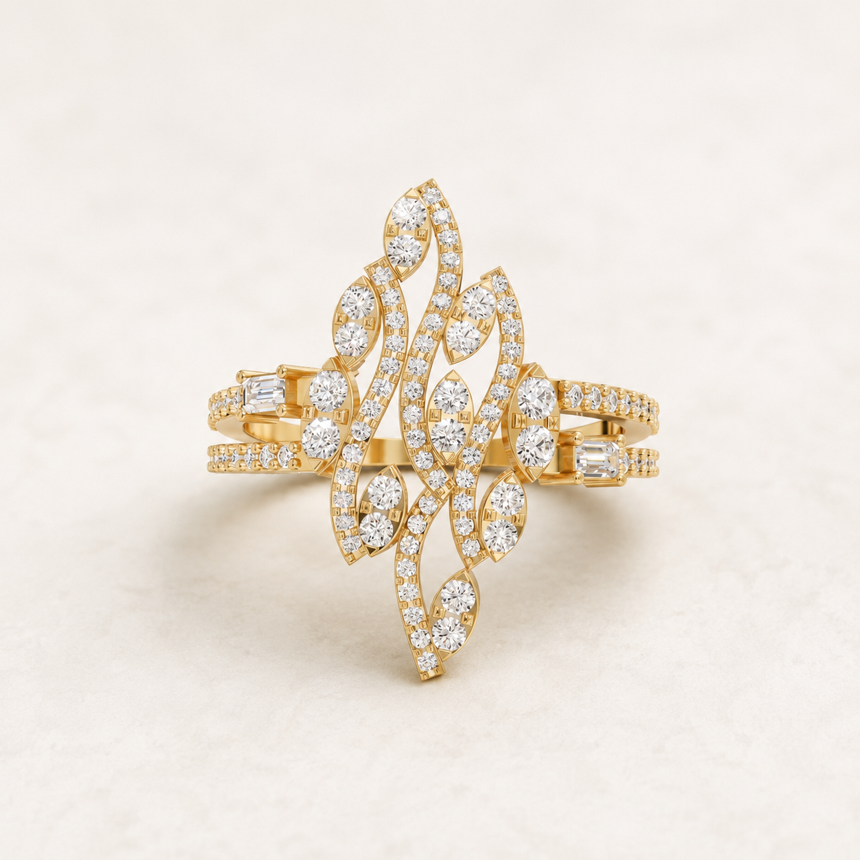 0.100 CT Baguette Diamond Leaf Ring in Yellow Gold, White Gold & Rose Gold