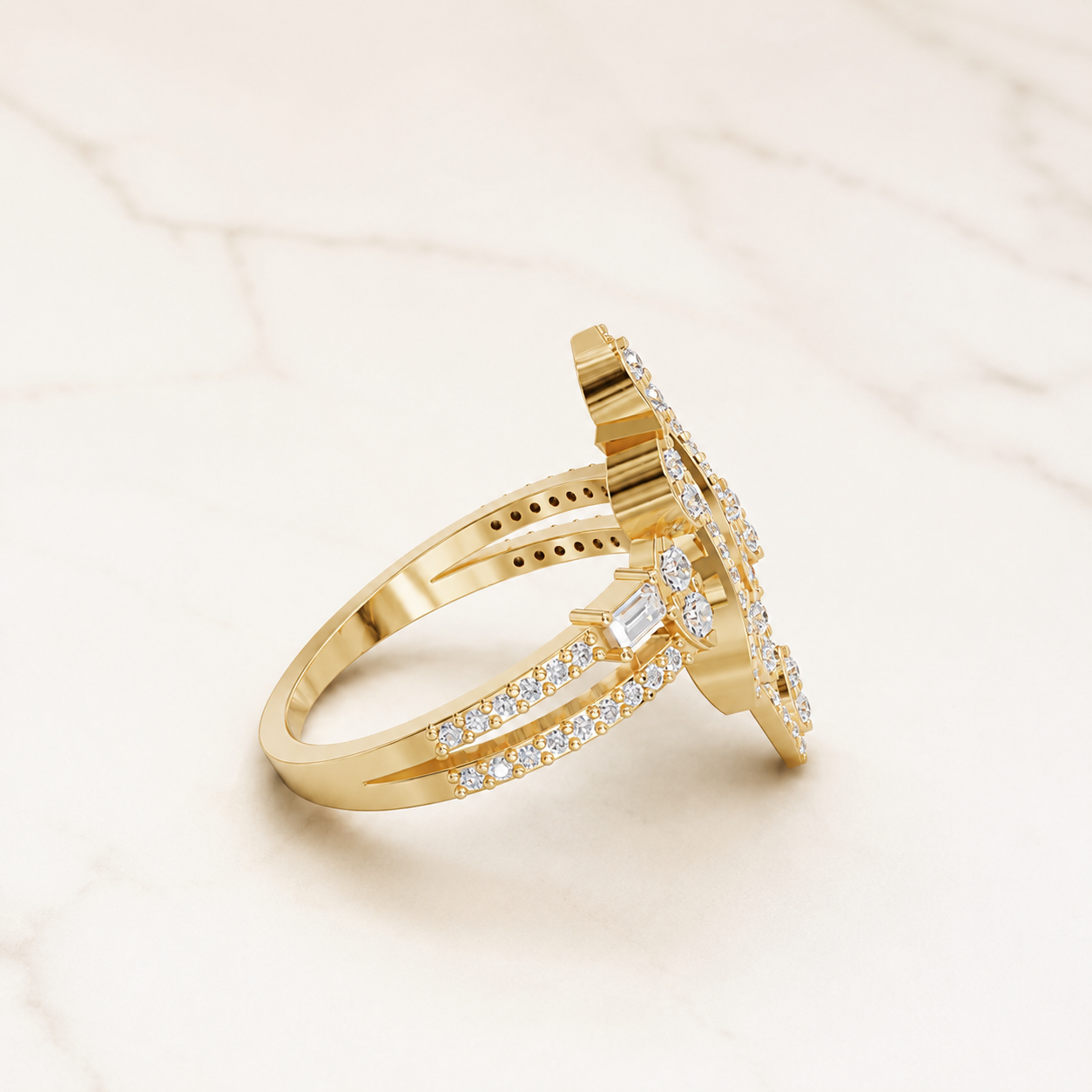 0.100 CT Baguette Diamond Leaf Ring in Yellow Gold, White Gold & Rose Gold - view 2