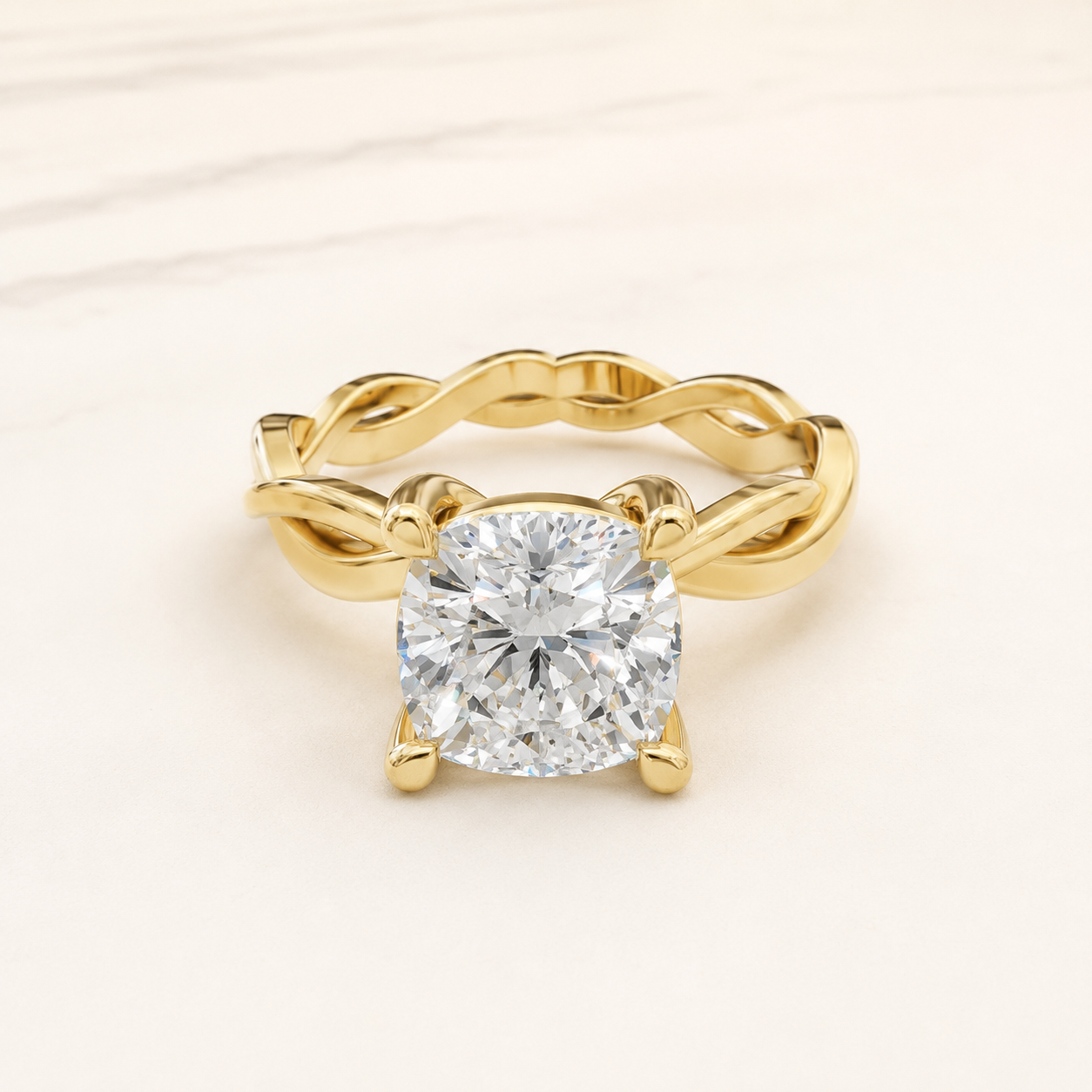 1.60 CT Cushion Diamond Twisted Solitaire Ring in Yellow Gold, White Gold & Rose Gold
