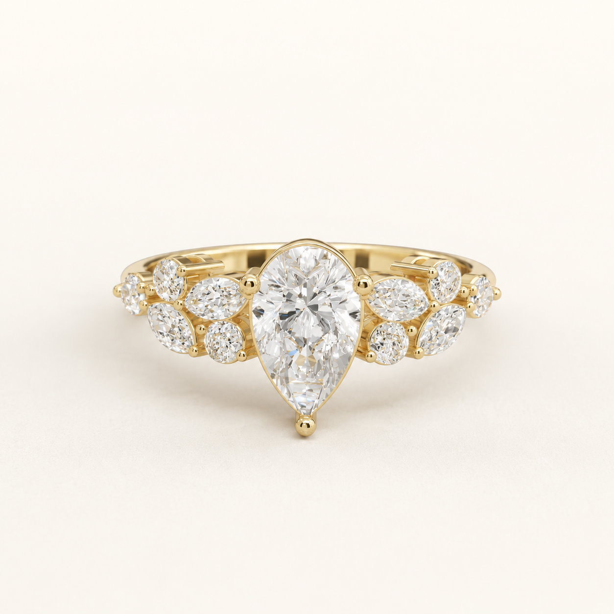 0.850 CT Pear Cut Diamond Ring in Yellow Gold, White Gold & Rose Gold