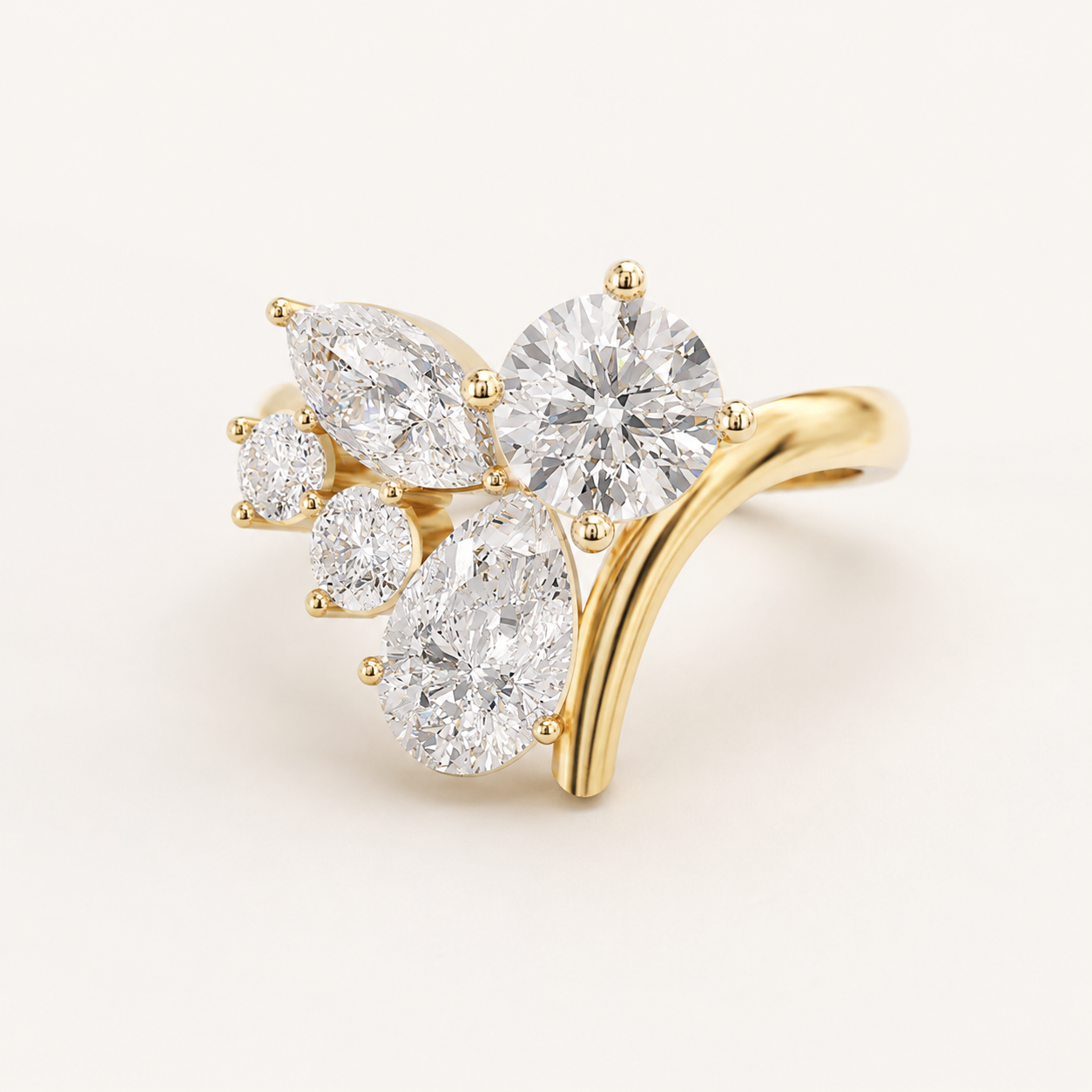 0.85 CT Round, Pear & Marquise Cut Diamond Cluster Ring in Yellow Gold, White Gold & Rose Gold