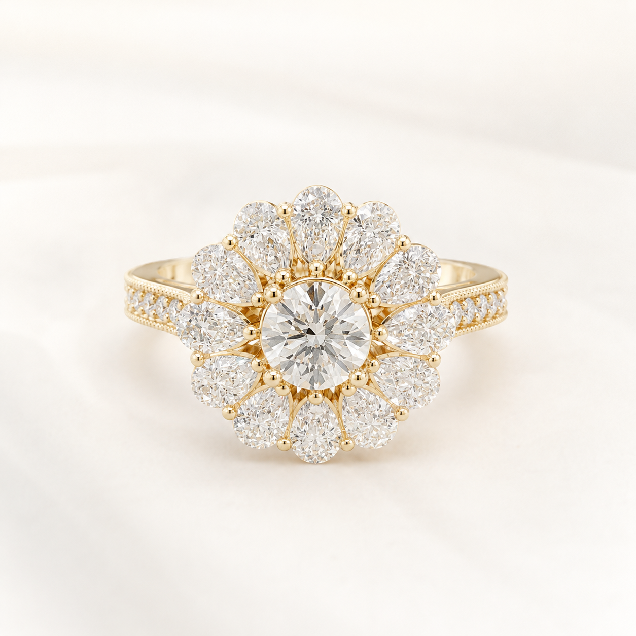 2.40 CT Round & Pear Cut Diamond Floral Ring in Yellow Gold, White Gold & Rose Gold